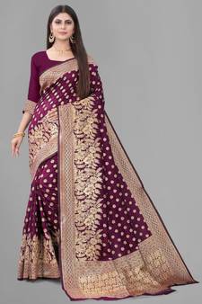 Purple Woven Banarasi silk blend Saree With Blouse