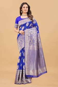 Blue Woven Banarasi silk blend Saree With Blouse