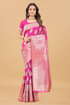 Pink Woven Banarasi silk blend Saree With Blouse