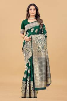 Green Woven Banarasi silk blend Saree With Blouse