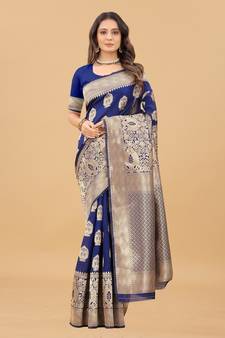 Blue Woven Banarasi silk blend Saree With Blouse