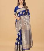 Blue Woven Banarasi silk blend Saree With Blouse