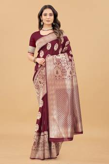 Maroon Woven Banarasi silk blend Saree With Blouse