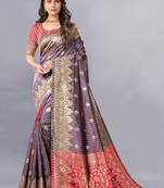 Red Woven Banarasi silk blend Saree With Blouse