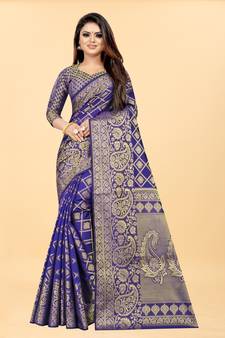 Blue Woven Banarasi silk blend Saree With Blouse