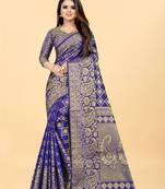 Blue Woven Banarasi silk blend Saree With Blouse