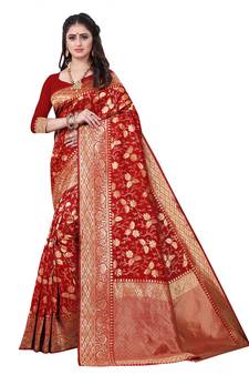 Red Woven Banarasi silk blend Saree With Blouse