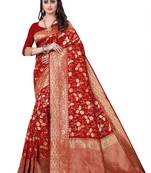Red Woven Banarasi silk blend Saree With Blouse
