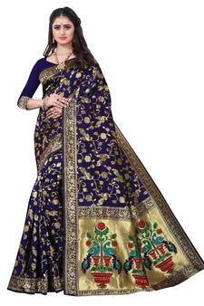 Blue Woven Banarasi silk blend Saree With Blouse