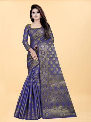 Blue Woven Banarasi silk blend Saree With Blouse 1