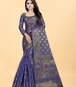 Blue Woven Banarasi silk blend Saree With Blouse