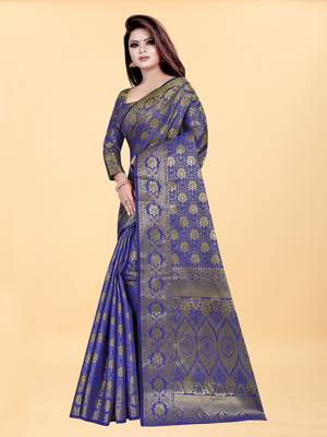 Blue Woven Banarasi silk blend Saree With Blouse 2