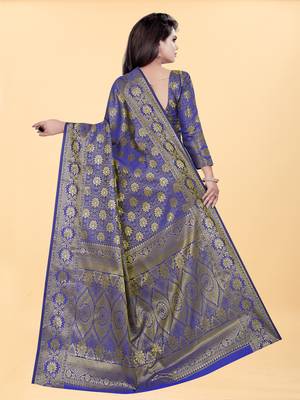 Blue Woven Banarasi silk blend Saree With Blouse 3