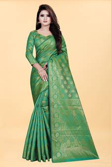 Green Woven Banarasi silk blend Saree With Blouse