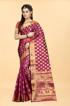 Pink Woven Banarasi silk blend Saree With Blouse