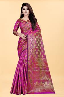 Pink Woven Banarasi silk blend Saree With Blouse