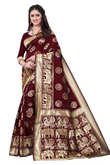 Maroon Woven Banarasi silk blend Saree With Blouse