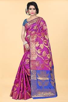 Pink Woven Banarasi silk blend Saree With Blouse