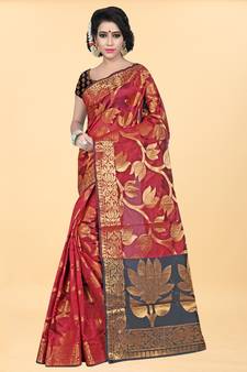 Red Woven Banarasi silk blend Saree With Blouse