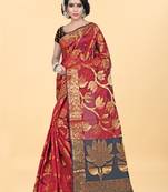 Red Woven Banarasi silk blend Saree With Blouse