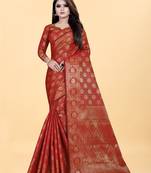 Red Woven Banarasi silk blend Saree With Blouse