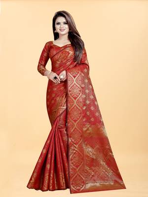 Red Woven Banarasi silk blend Saree With Blouse 1