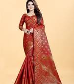 Red Woven Banarasi silk blend Saree With Blouse