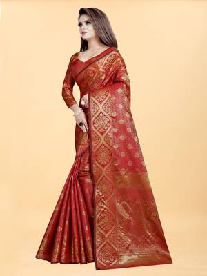 Red Woven Banarasi silk blend Saree With Blouse 2