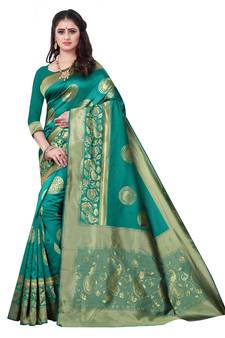 Green Woven Banarasi silk blend Saree With Blouse