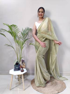 Dark green plain lycra saree with blouse 1