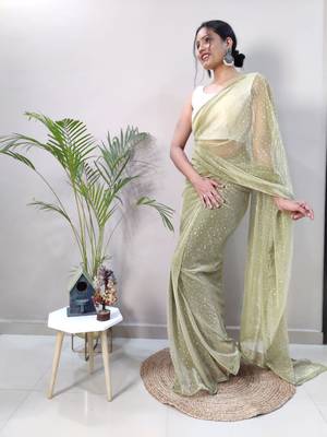 Dark green plain lycra saree with blouse 2