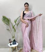 Light pink woven faux pre-stitched shimmer saree WITH UN-STITCHED BLOUSE