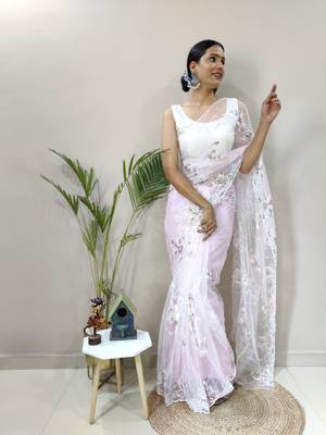 Baby Pink Colour Net Embroidery Saree WITH UN-STITCHED BLOUSE 1