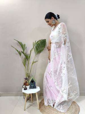 Baby Pink Colour Net Embroidery Saree WITH UN-STITCHED BLOUSE 3