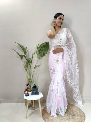 Baby Pink Colour Net Embroidery Saree WITH UN-STITCHED BLOUSE 4