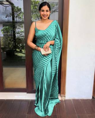 Light teal plain pure satin saree WITH UN-STITCHED BLOUSE 1