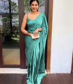 Light teal plain pure satin saree WITH UN-STITCHED BLOUSE