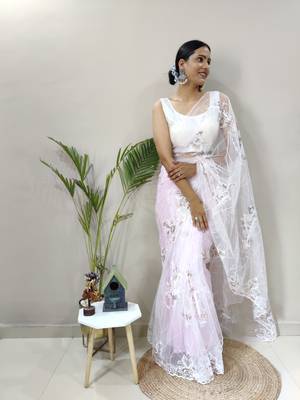 Baby Pink Colour Net Embroidery Saree WITH UN-STITCHED BLOUSE 5