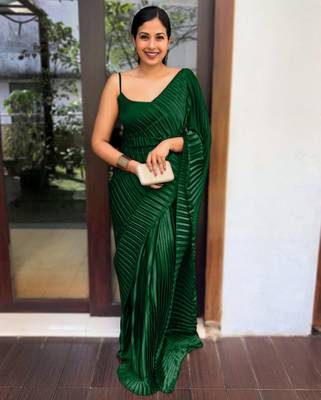 Dark green plain pure satin saree WITH UN-STITCHED BLOUSE 1