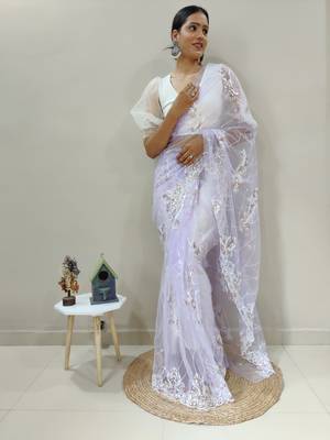 Lavender Colour Net Embroidery Saree WITH UN-STITCHED BLOUSE 1
