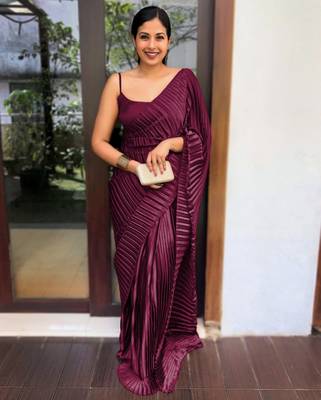 Dark wine plain pure satin saree WITH UN-STITCHED BLOUSE 1