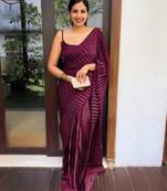 Dark wine plain pure satin saree WITH UN-STITCHED BLOUSE