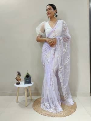 Lavender Colour Net Embroidery Saree WITH UN-STITCHED BLOUSE 3