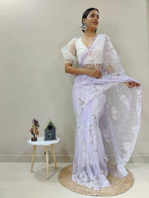 Lavender Colour Net Embroidery Saree WITH UN-STITCHED BLOUSE 4