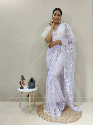Lavender Colour Net Embroidery Saree WITH UN-STITCHED BLOUSE 5