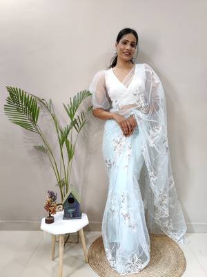 Light Sky Colour Net Embroidery Saree WITH UN-STITCHED BLOUSE 1