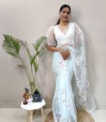Light Sky Colour Net Embroidery Saree WITH UN-STITCHED BLOUSE