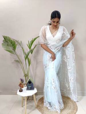 Light Sky Colour Net Embroidery Saree WITH UN-STITCHED BLOUSE 3