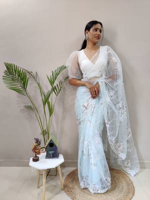 Light Sky Colour Net Embroidery Saree WITH UN-STITCHED BLOUSE 4