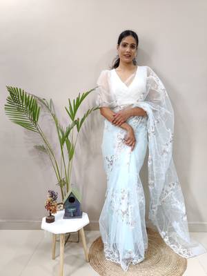 Light Sky Colour Net Embroidery Saree WITH UN-STITCHED BLOUSE 5